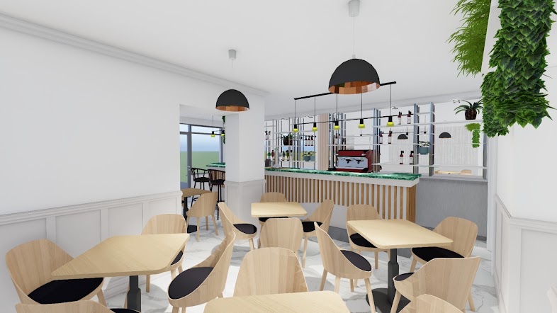 Sala luminoasă și barul restaurantului La Ioana